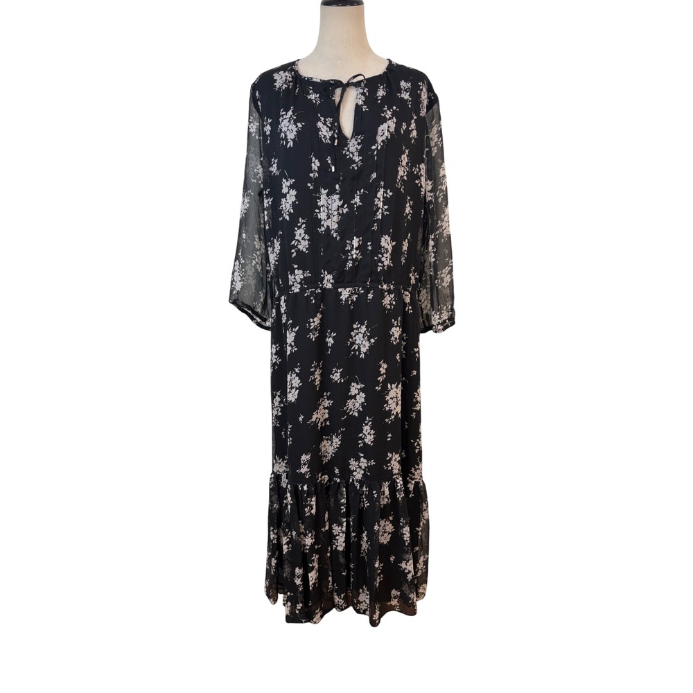 Lauren Ralph Lauren tiered Maxi Dress Women 18 Black Floral Chiffon Long Sleeve